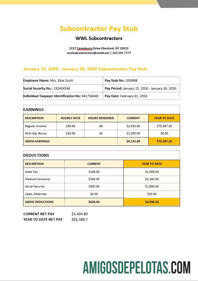 Recibo de pagamento de subcontratados da WWL em formatos PDF e Word modelo